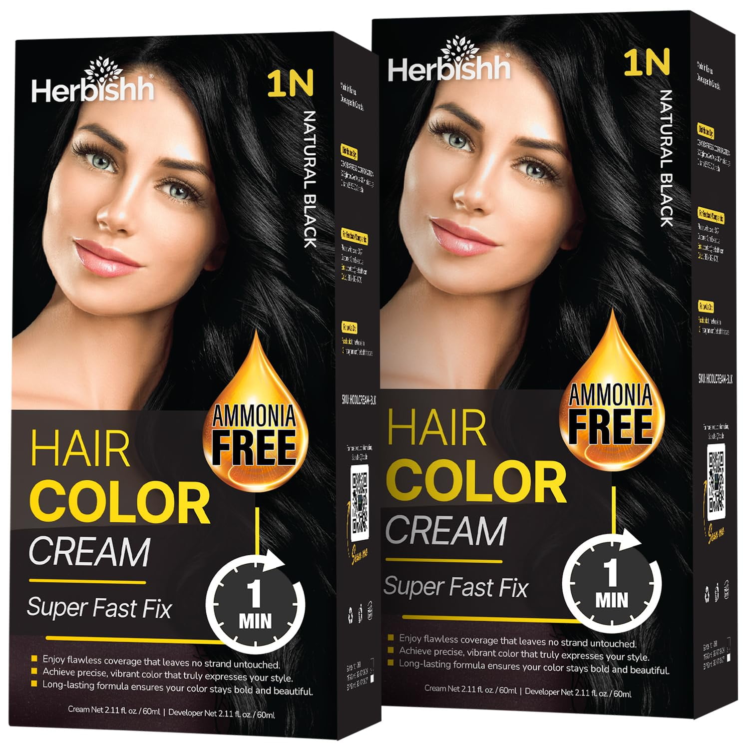 Herbishh Rapid Infusion Hair Color Cream – 1N Natural Black Hair Dye Permanent One Minute with Comb Applicator, Hair Color for Gray Hair Coverage, Ammonia-Free, Patented Korean Technology, 2.03 fl. O