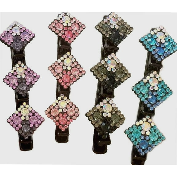 Braided Hair Clips, Rhombic Sparkling Crystal Stone Braided Hair Clips, Fashion Rhinestone Hair Clip, Three Flower Side Hair Clip, Forehead Bangs Hairpins for Girls Hair Styling Accessories (4PCS-A)