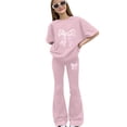 thumbnail image 2 of Back to School Outfits for Girls Girls Clothing Set 2 Piece Bow Graphic Short Sleeve T Shirts Wide Leg Flare Pants Kids Summer Outfit Preppy Tracksuit Clothes, 2 of 5