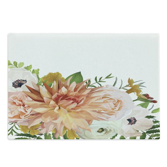 Anemone Flower Cutting Board, Garden Rose Dahlia Forest Meadow Bedding Plants Leaves Mix, Decorative Tempered Glass Cutting and Serving Board, Large Size, Salmon Fern Green Khaki, by Ambesonne