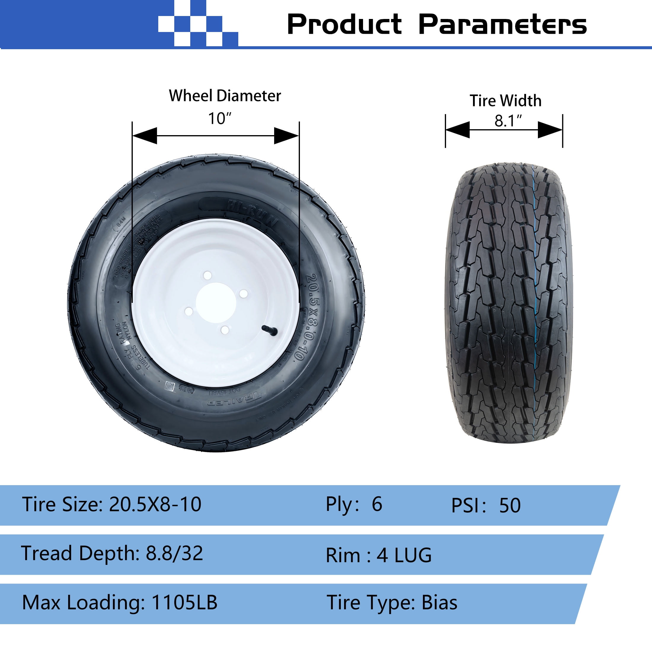 Hi-Run SU03 20.5x8.00-10 6PR Boat Trailer Tire and 4-Lug Wheel Assembly