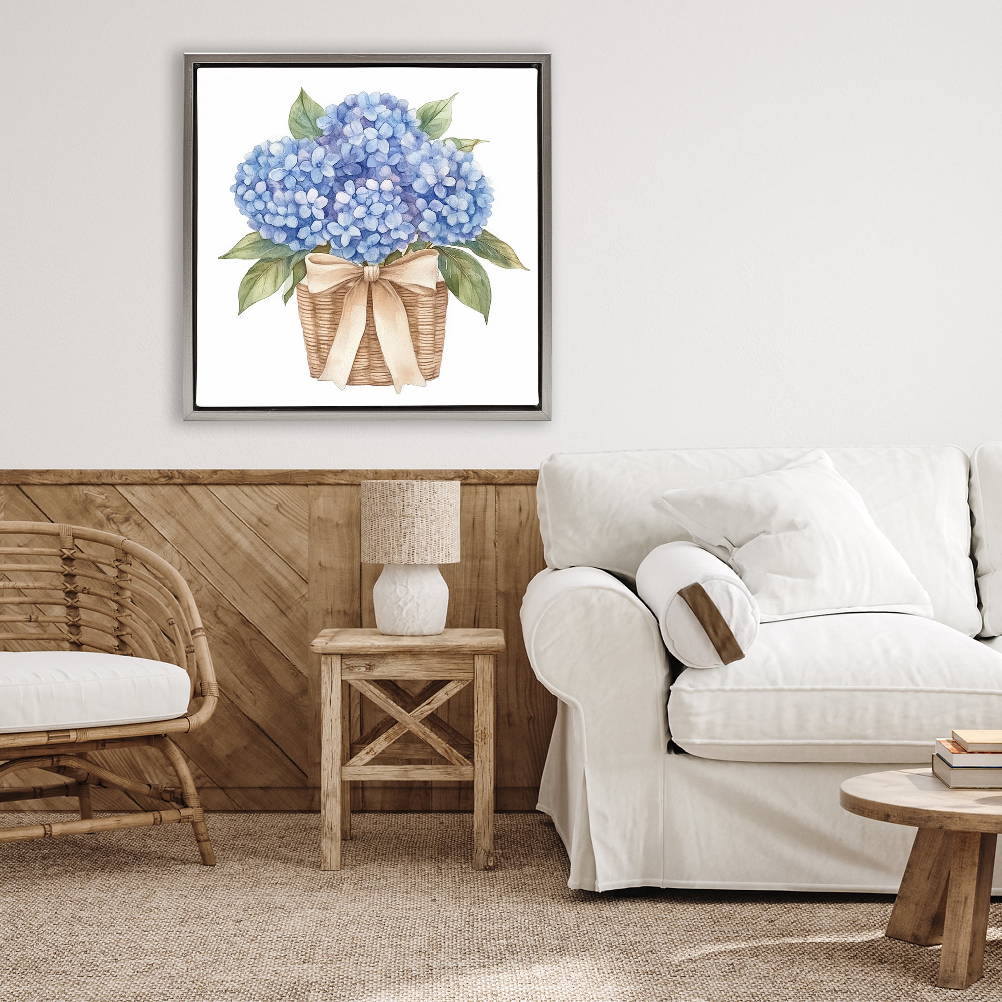 Stupell Industries Blue Hydrangea Picnic Basket Gray Framed Floater Canvas Wall Art, design by Petal Prints Design