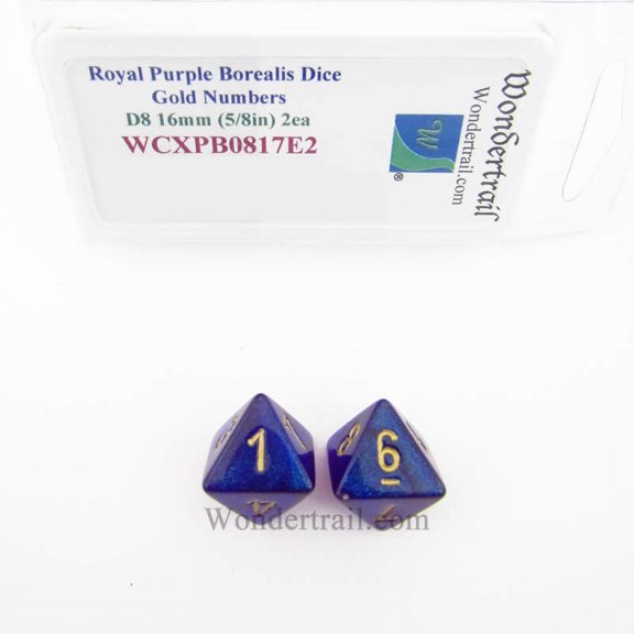 Royal Purple Borealis Dice with Gold Numbers D8 Aprox 16mm (5/8in) Pack of 2 Wondertrail