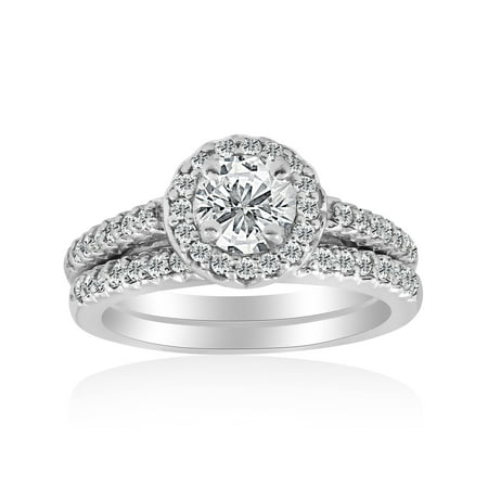 1ct Halo Diamond Engagement Ring Matching Wedding Band White Gold