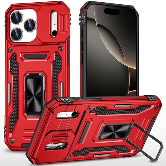 For iPhone 17 Pro Utter Tough Metal Ring Movable Camera Window Hybrid Case Cover - Red
