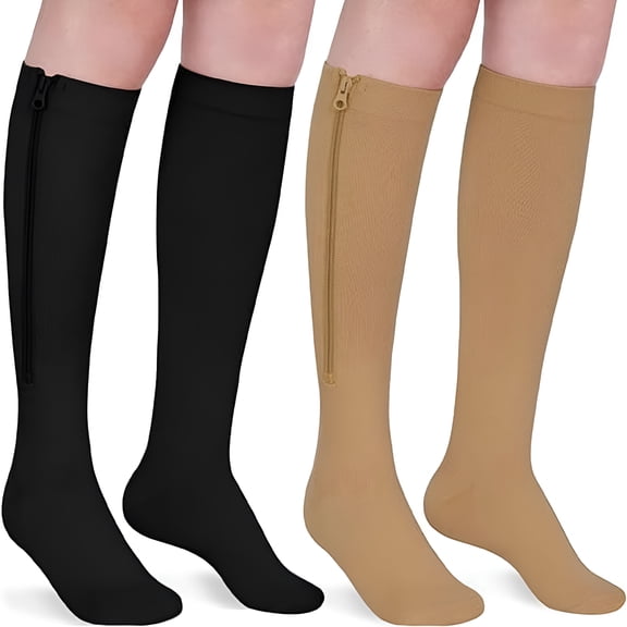 XIRQI 2 Pairs Zipper Compression Socks for Women and Men, 15-20 Mmhg Closed Toe Compression Stocking with Zipper (Black Beige)