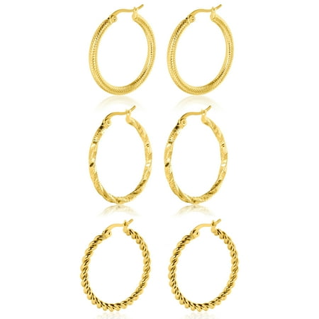 JeenMata Multipack 3 pcs Textured Hoop Earrings Collection in Yellow Gold Plated