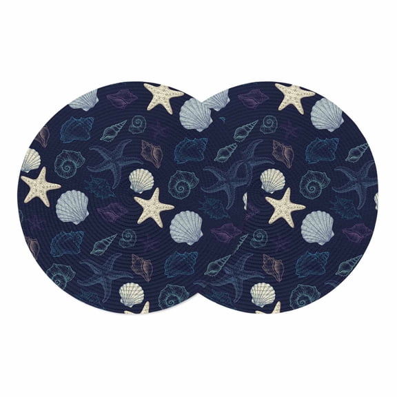 Nautical Coastal Round 13 Inch Placemats Set of 2, Ocean Beach Starfish Shell Conch Navy Blue HeatResistant Non Slip Place Mats for Dining Table, Wipeable Braided Kitchen Table Mats for Housewarming