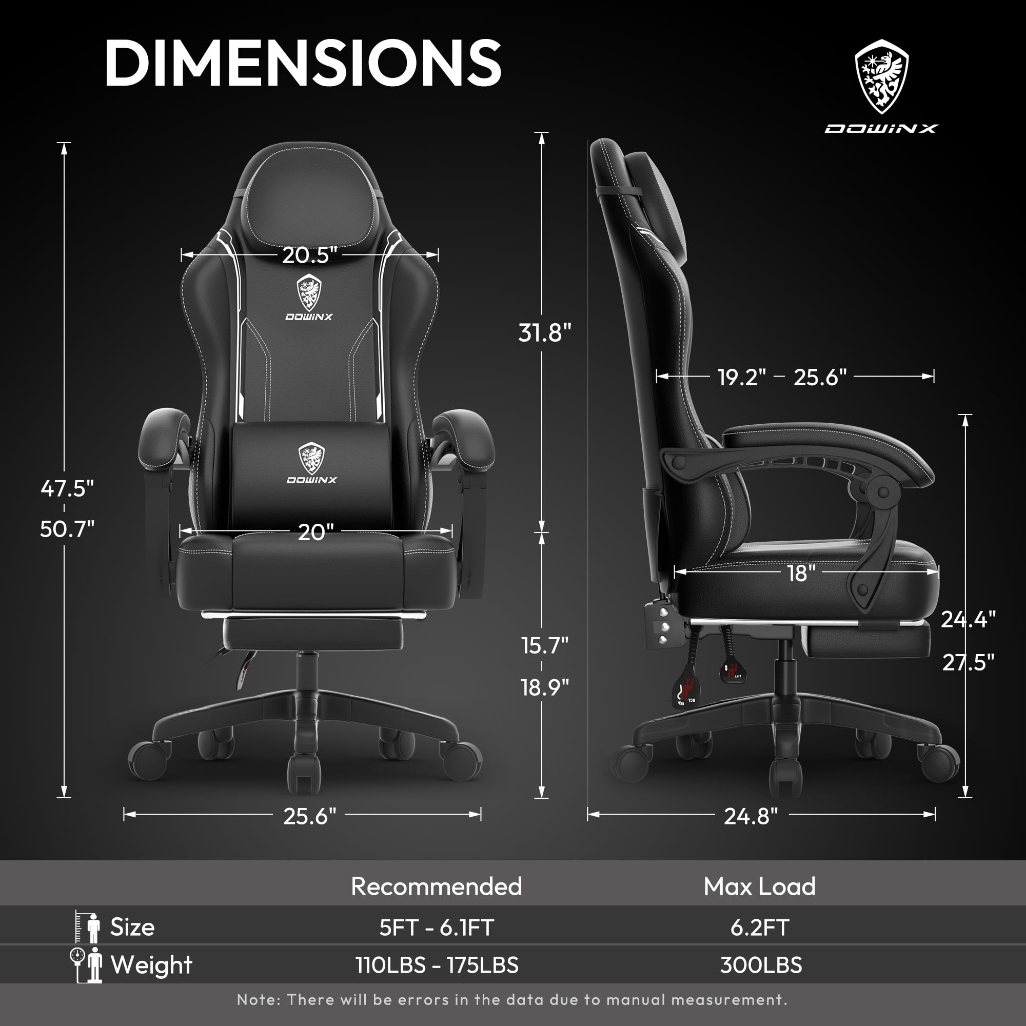 Dowinx Gaming Chair with Pocket Spring Cushion for Adults, Ergonomic Computer Chair with Footrest and Massage Lumbar Support for Office, Gaming, 300LBS, Black