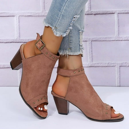 

Women s Fashion Peep Toe Booties Metal Buckle Fish Mouth 6.5CM Middle Heels Shoes Dress Sandals