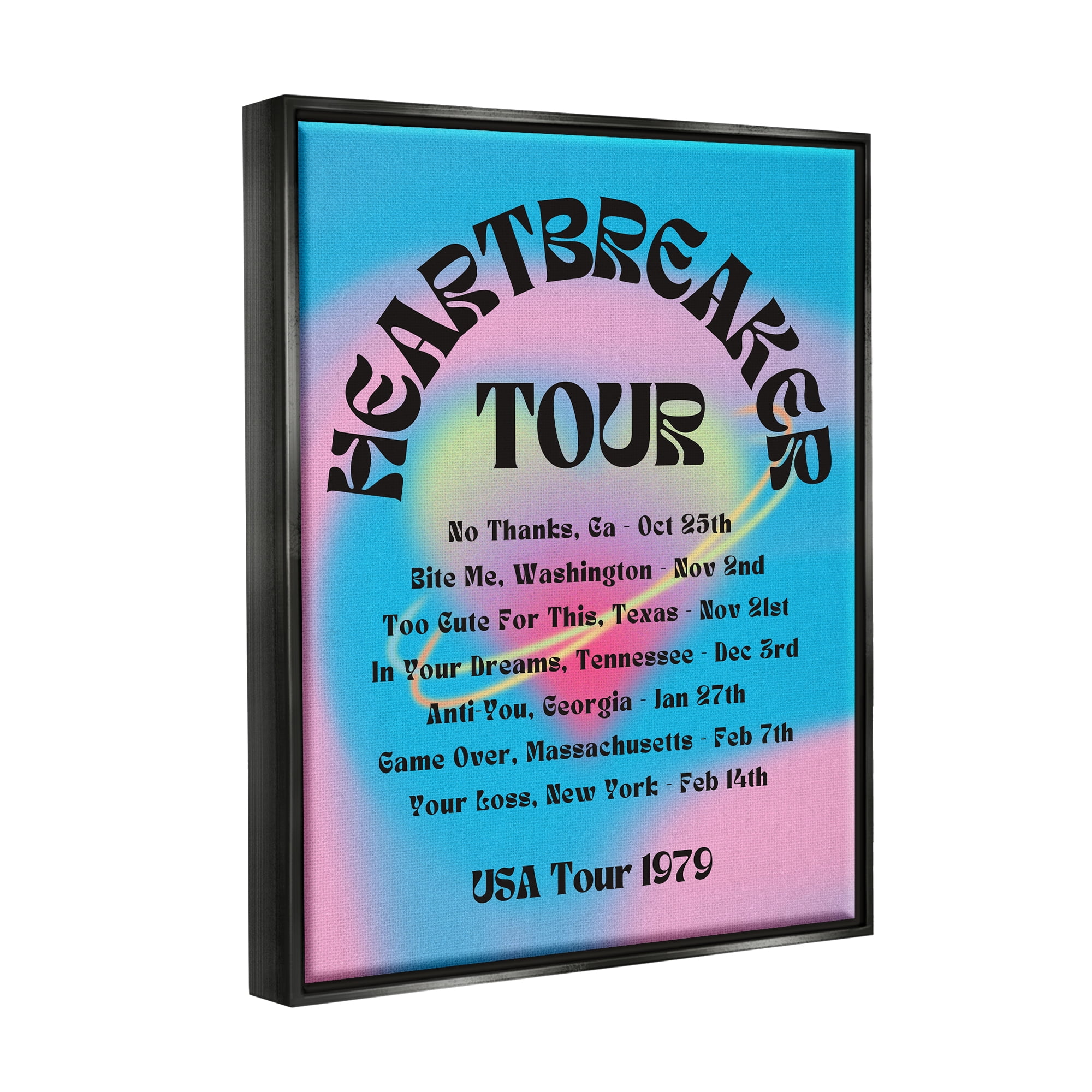 Stupell Industries Vintage Heartbreak Tour Typography Painting Black Floater Framed Canvas Art Print Wall Art, 17 x 21