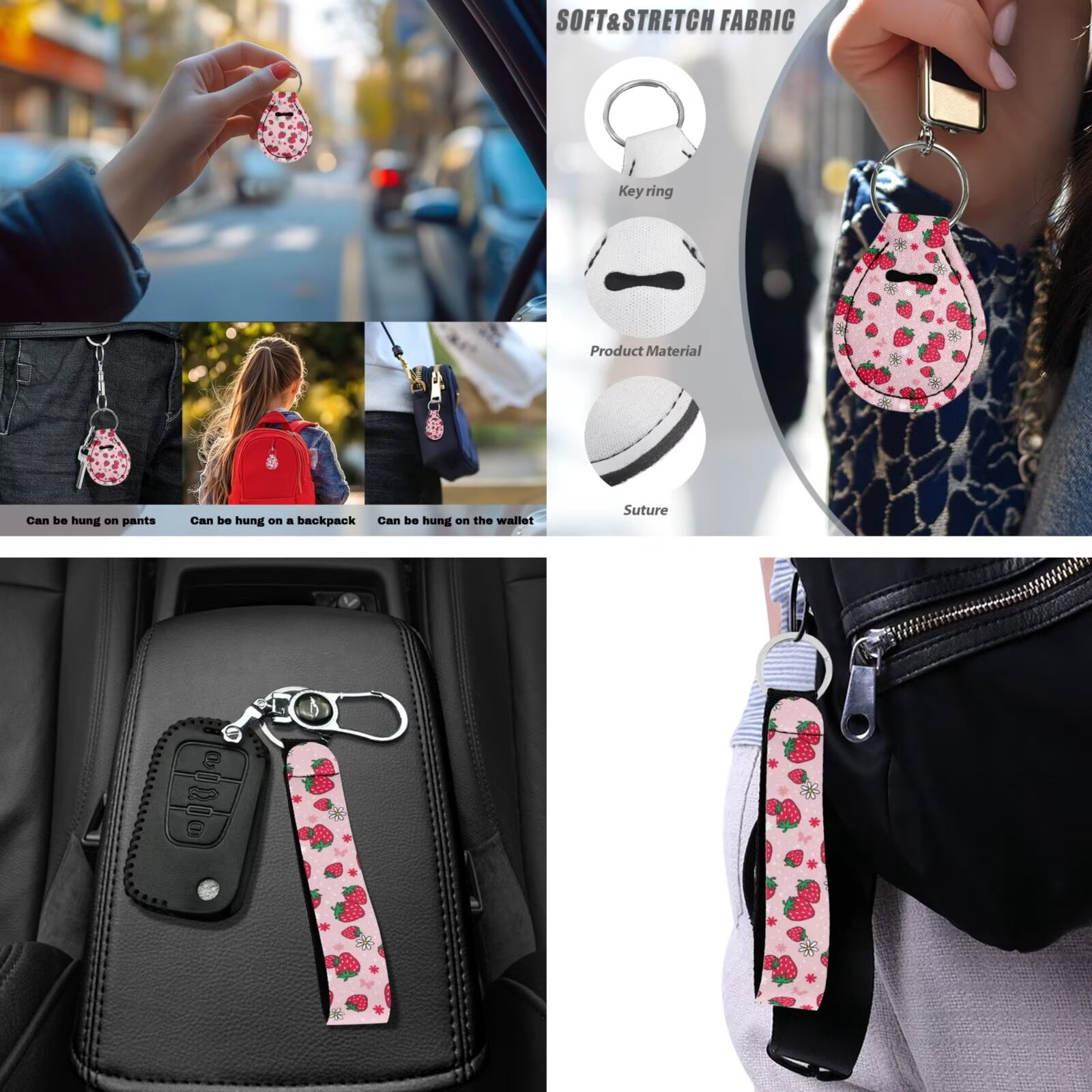 Jeiento Cute 13 Piece Car Seat Cover Set with Steering Wheel Cover Seatbelt Strap Pad Armrest Pad Cup Coasters Key Chain Pink Strawberry Automobile Interior Sets Fit for Van Truck SUV Sedan