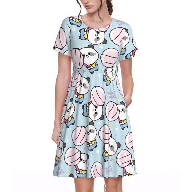 Disketp Cute Panda Bear para Vestido de Manga Corta para Mujeres, Vestidos de Verano para Mujeres, Casual y Holgado para la Playa