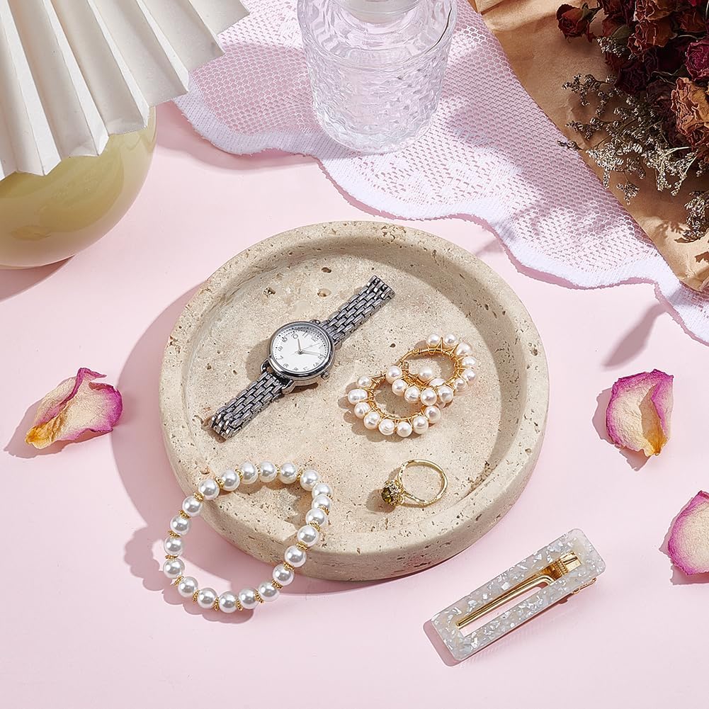 Natural Travertine Tray 5.9 Inch Round Marble Jewelry Plate Stone Desktop Organizer for Key Earring Nightstand Home Decor and Jewelry Display Beige