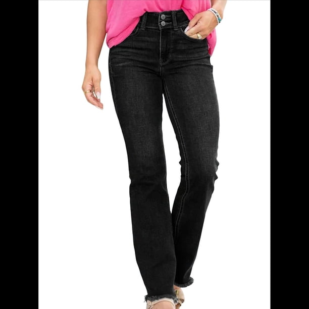 Pantalones Vaqueros Rectos para Mujer, Cintura Alta, Elásticos, Deshilachados, con Dobladillo Sin Rematar, Holgados, Informales. Negro XS