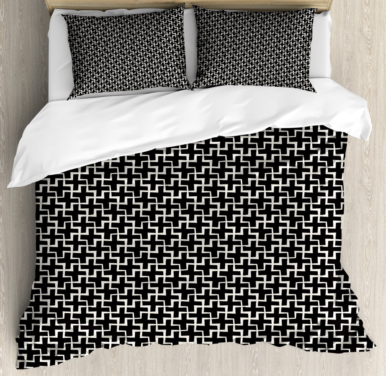 Black and White Duvet Cover Set Queen Size, Plus Signs Abstract Pattern