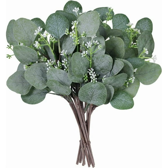 10 Pcs Artificial Seeded Eucalyptus Leaves Stems Bulk Artificial Silver Dollar Eucalyptus Leaves Plant in Grey Green 11.8" Tall Artificial Greenery Holiday Greens Wedding Greenery