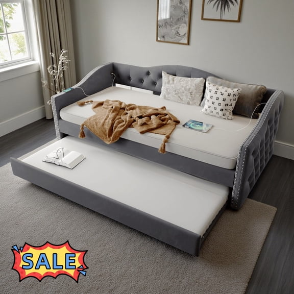 Tcbosik Twin Size Upholstered Daybed with Trundle & USB Port, Velvet Sofa Bed for Living Room, Guest Room, Bedroom, Wood Slats Support, Gray