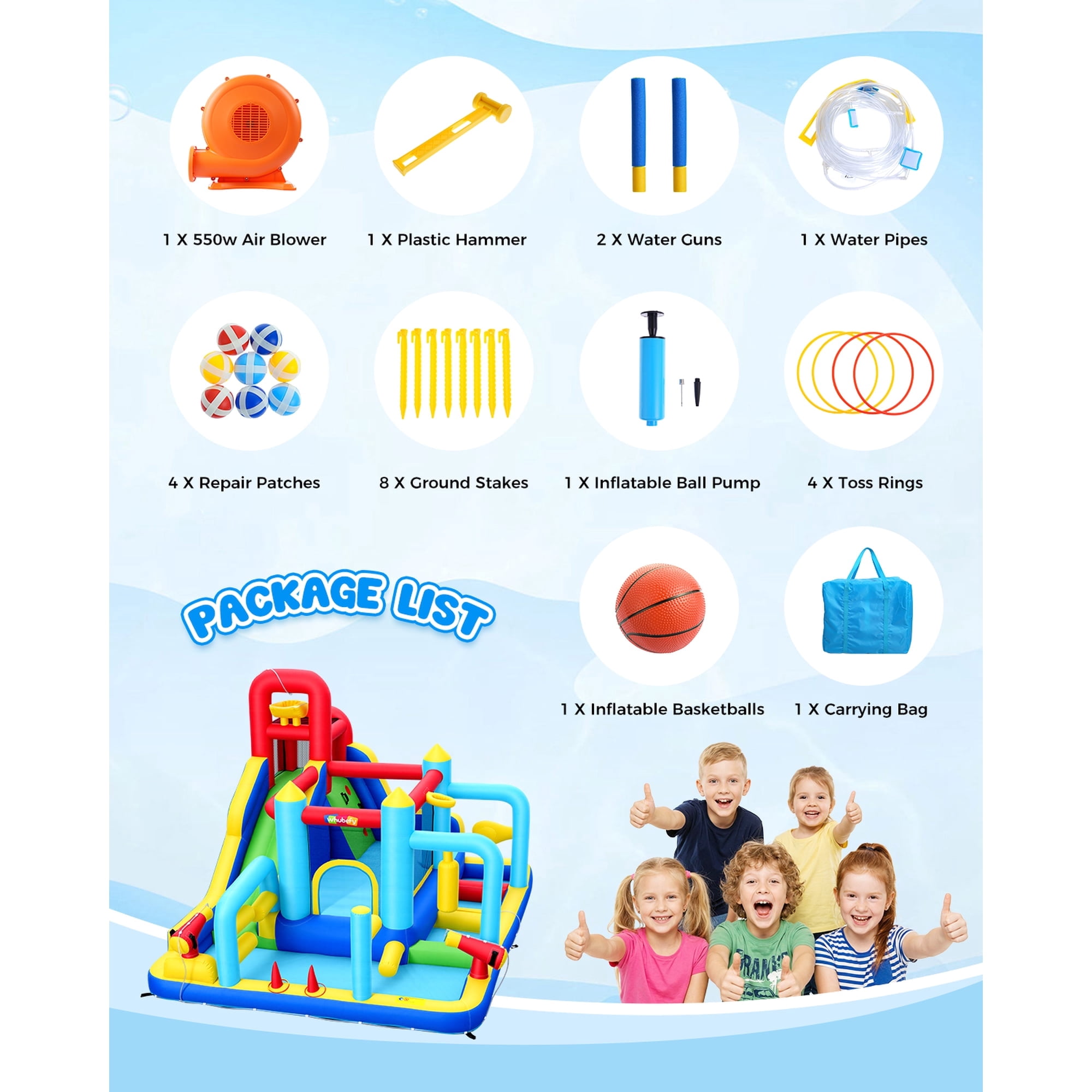 Inflatable Water Slide Bounce House with 550W Blower, Obstacle Bouncy House for kids 3~10, Indoor Outdoor Water Park with Long Water Slide, Junping Area, Water Cannon, Basketball Hoop