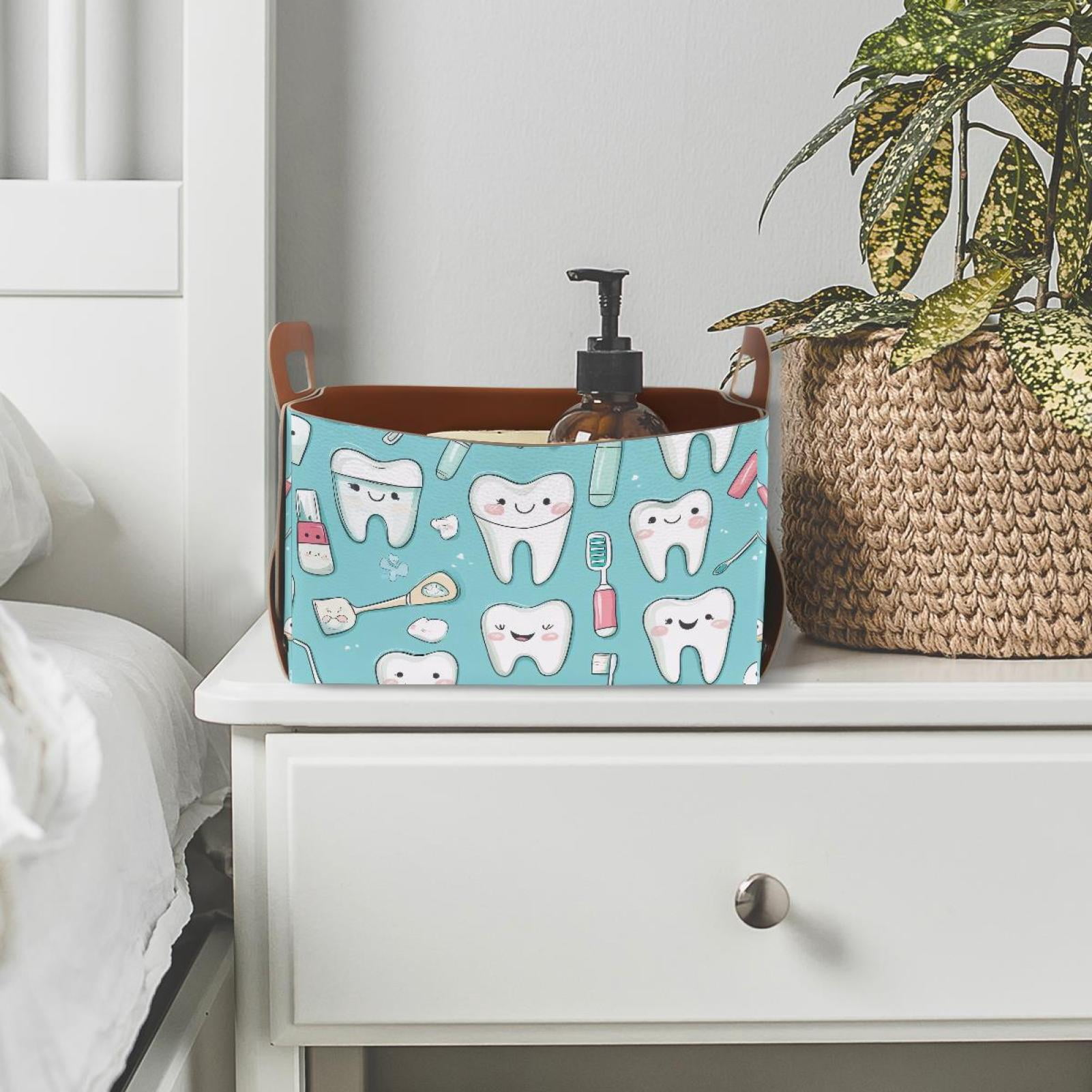 Cartoon Teeth Storage Basket Collapsible Storage Bin, PU Foldable Basket Convenient Box Storage Organizer with Handles for Shelves Office Bedroom Closet Nursery Toys Laundry