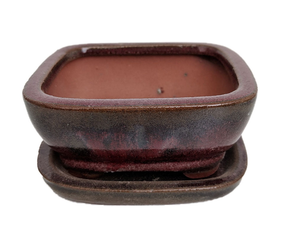 Small Ceramic Bonsai Pot/Saucer Red Rounded Rectangle 4" x 3 3/8" x 2