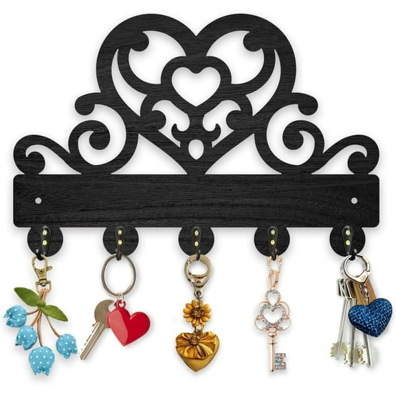 Heart Pattern Coat Rack Wall Mount Wood Floral Love Heart Key Hangers 11.8×7.9inch Decorative Gift Wooden Black Wall Key Rack Organizer 5 Alloy Hooks for Bedroom Kitchen Entryway