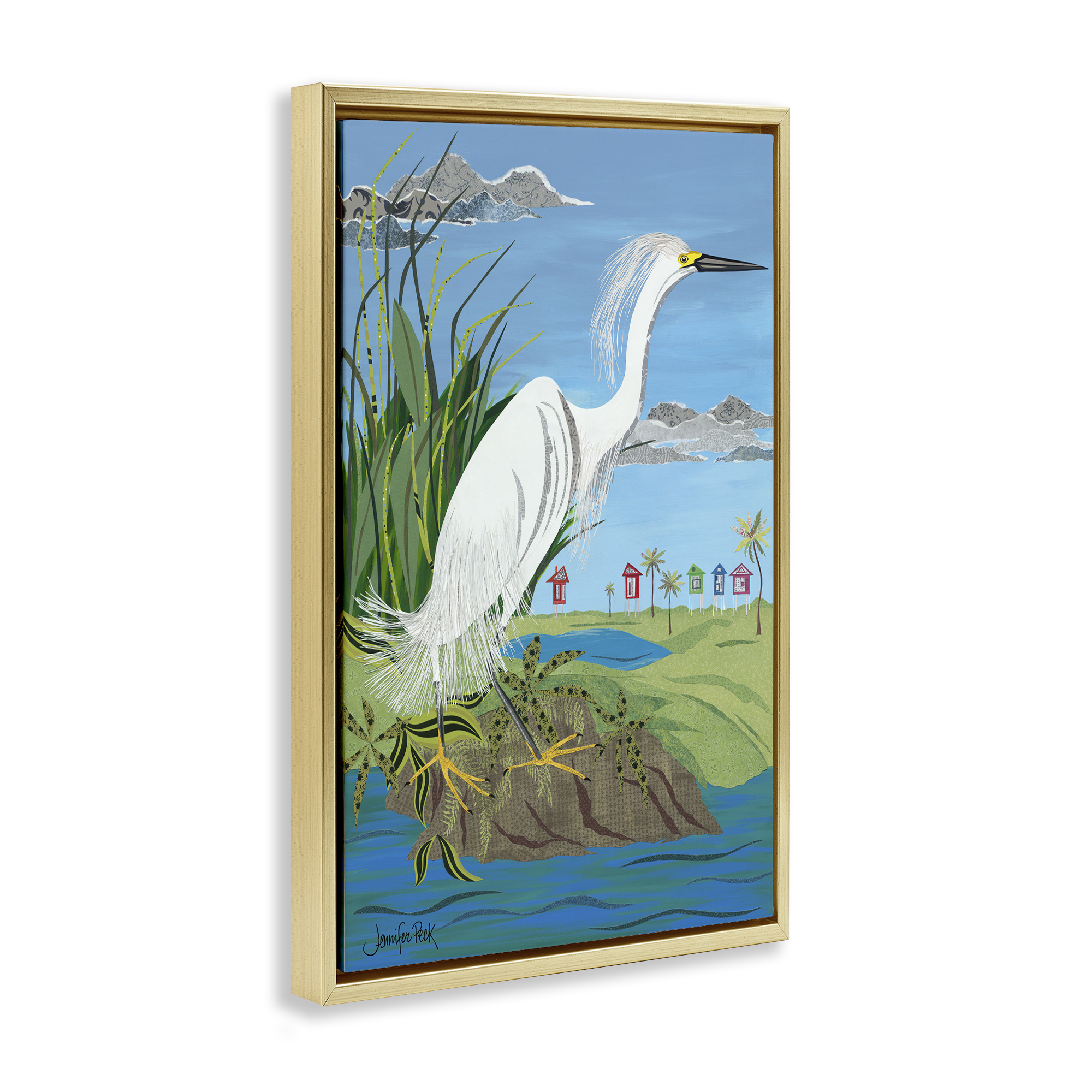 Stupell Industries Egret Perched on Shore Animals & Insects Painting Gold Floater Framed Canvas Art Print Wall Art, 21 x 31