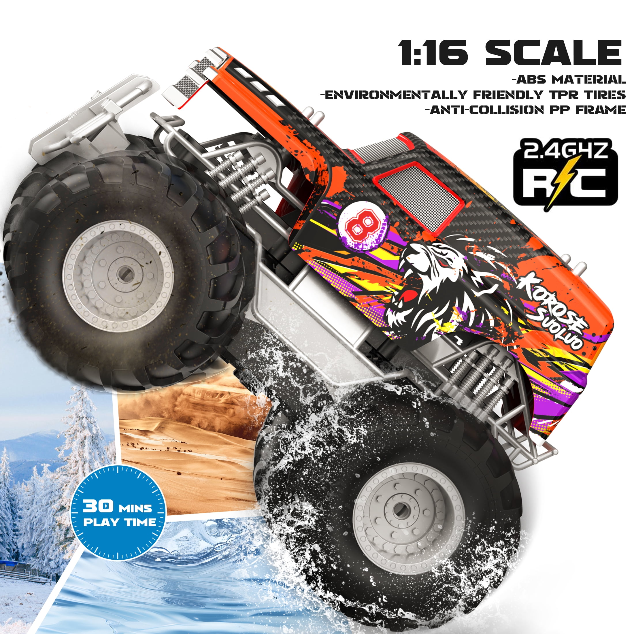 Amphibious Remote Control Car 2.4GHz 1:16 All Terrain Waterproof RC Monster Truck for Kids Pool Toys