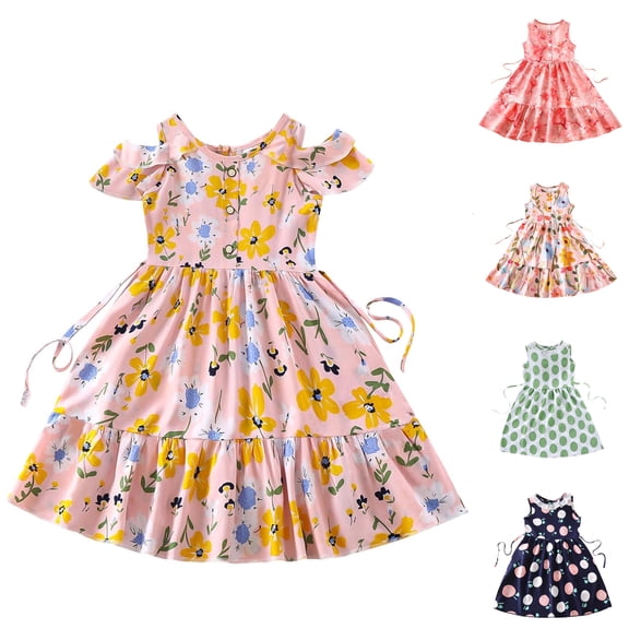 SROBPTY Girls Summer Dress Print Crew Neck Spaghetti Strap Mid-Length Sundress for Beach Use