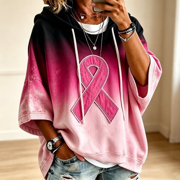 Breast Cancer Awareness Hoodies Women Hooded Gradient Ribbon Batwing 3/4 Sleeve Sweatshirt, 3XL
