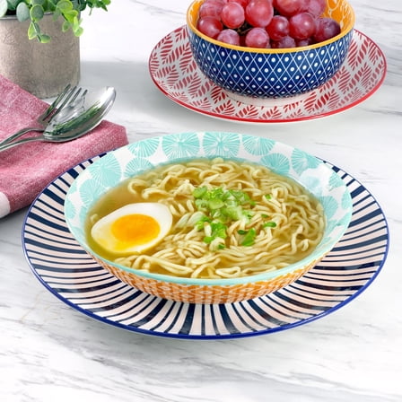 Giovanna 16 Piece Assorted Design Porcelain Multi-Color Graphic Double Bowl Dinnerware Set