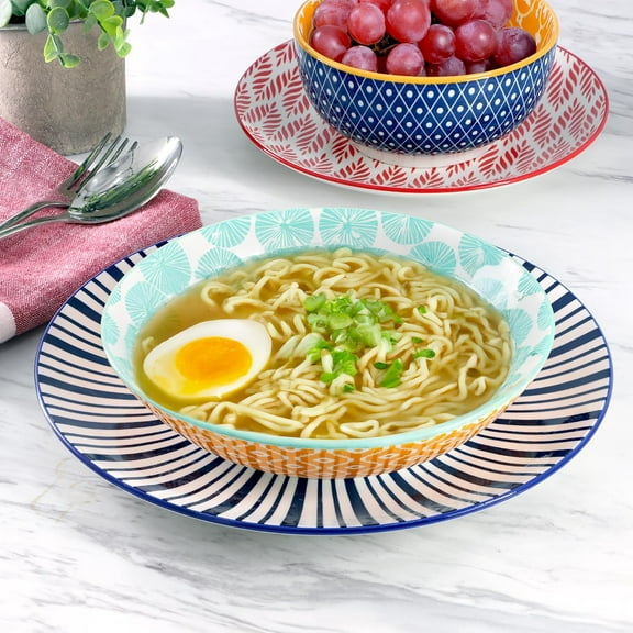 Giovanna 16 Piece Assorted Design Porcelain Multi-Color Graphic Double Bowl Dinnerware Set