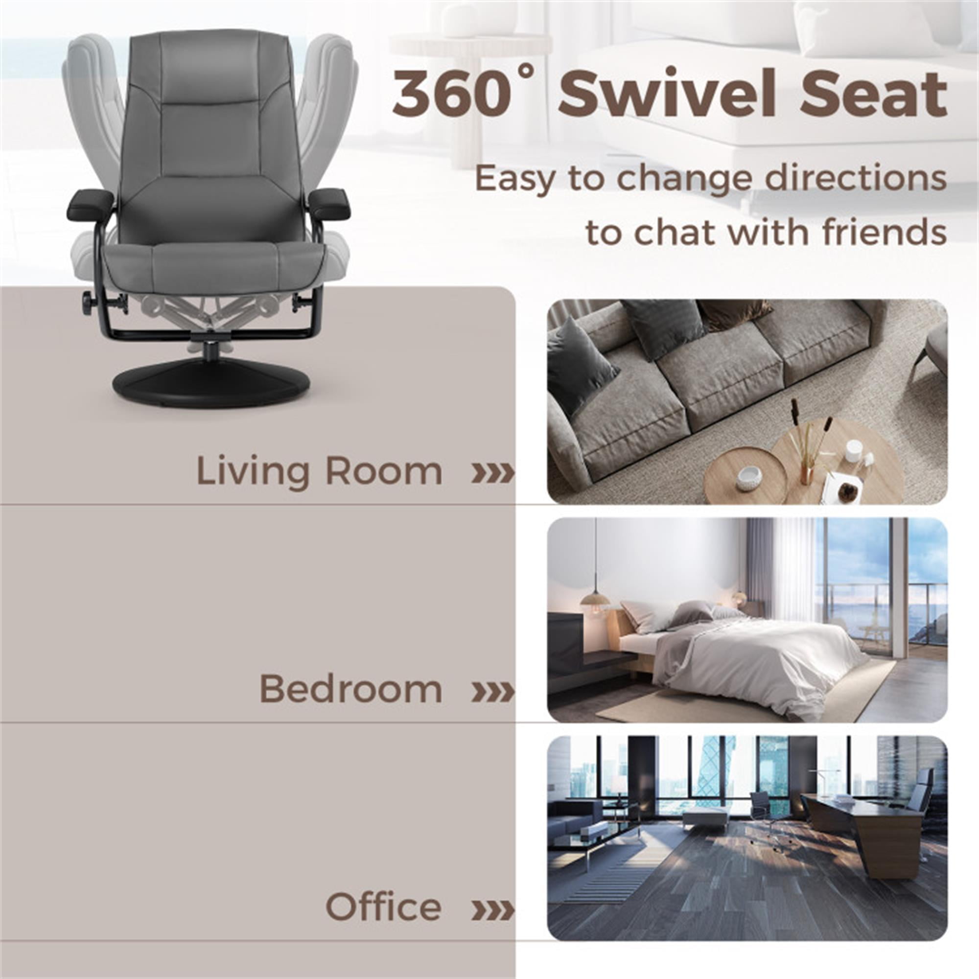 Demi Bonn Swivel Recliner Chair with Ottoman Footrest, 360° Swivel Recliner Chair with Ottoman, for Living Room, Bedroom, Gray