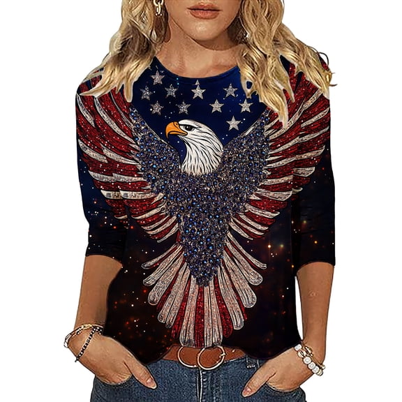 Womens Crewneck Patriotic Tshirts July 4th Festival 3/4 Sleeve Shirt Tops Casual Independence Day Pullover Tees Dark Blue, 2XL