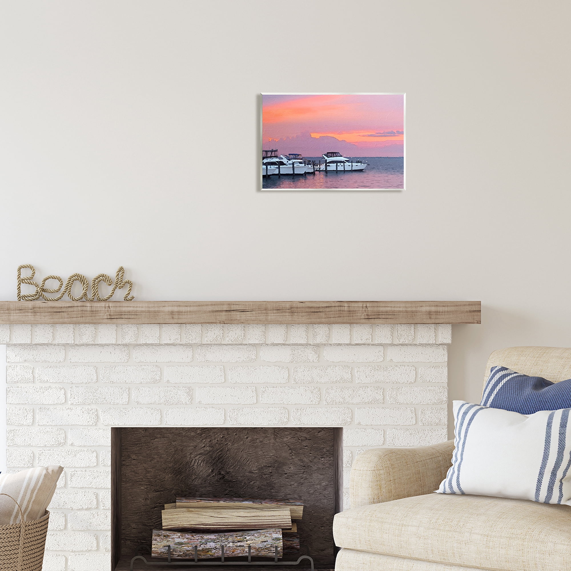 Stupell Industries Boat Harbor Pink Sunset Landscape Coastal Photography Unframed Art Print Wall Art