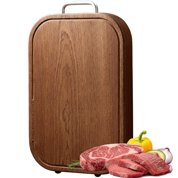 HBK Solid Ebony Wood Cutting Board Butcher Block - 14.5"x9.5"x1" Heavy Duty Chopping Board for Kitchen with Handle Juice Groove Reversible Platter