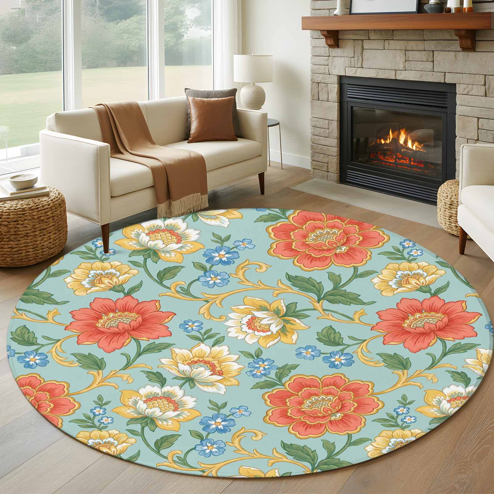 Round Area Rug 5ft Vintage Floral Mid Century Non-Slip Non-Shedding Floor Mat Blossom Flower on Green Washable Sturdy Carpet for Living Room Bedroom Home Decor