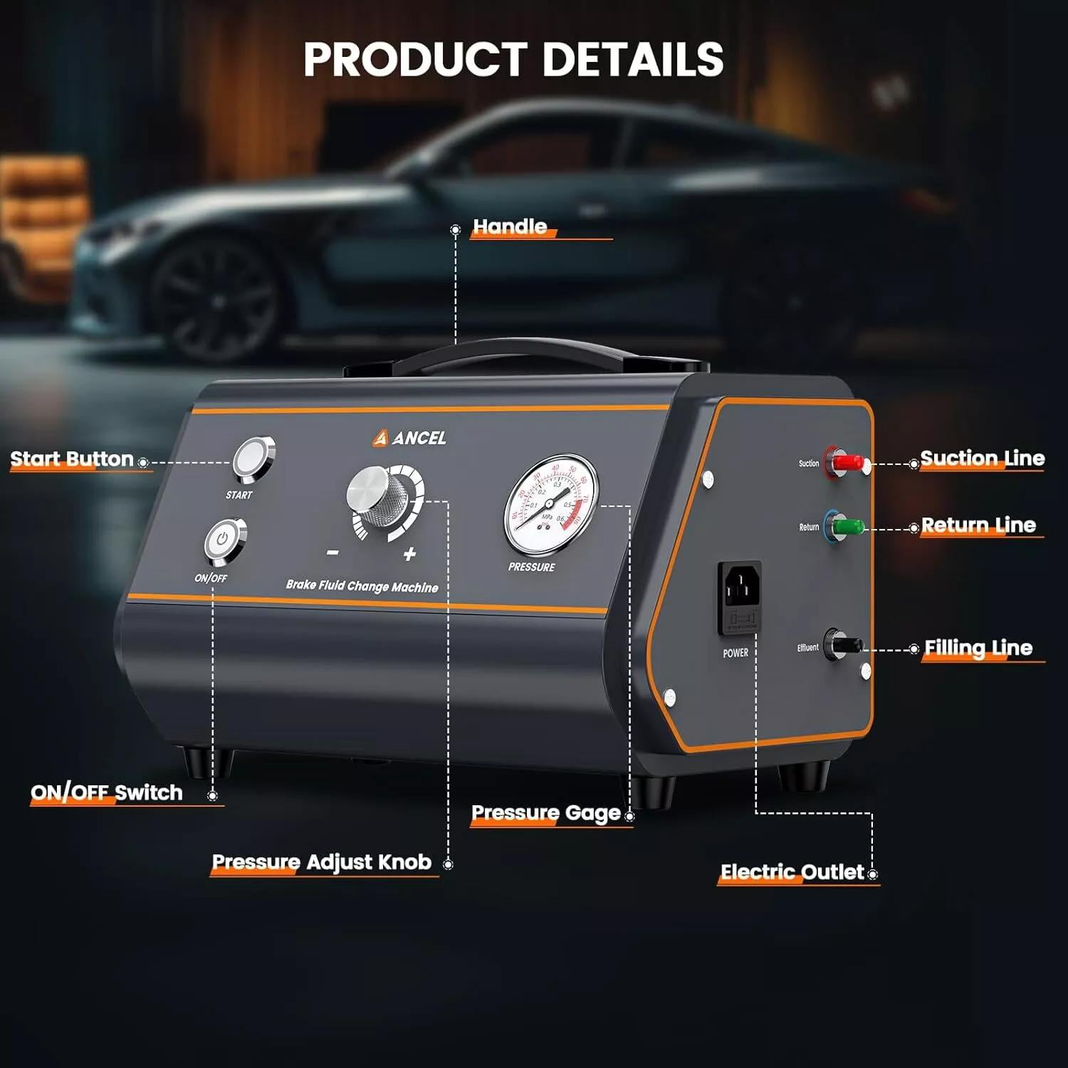 ANCEL Car Brake Fluid Bleeder, Electric Brake Fluid Oil Exchange Pressure Pump, Auto Vacuum Adjustable Pressure Pump Bleeding Machine Kit with Low Fluid Protection & External Fuse