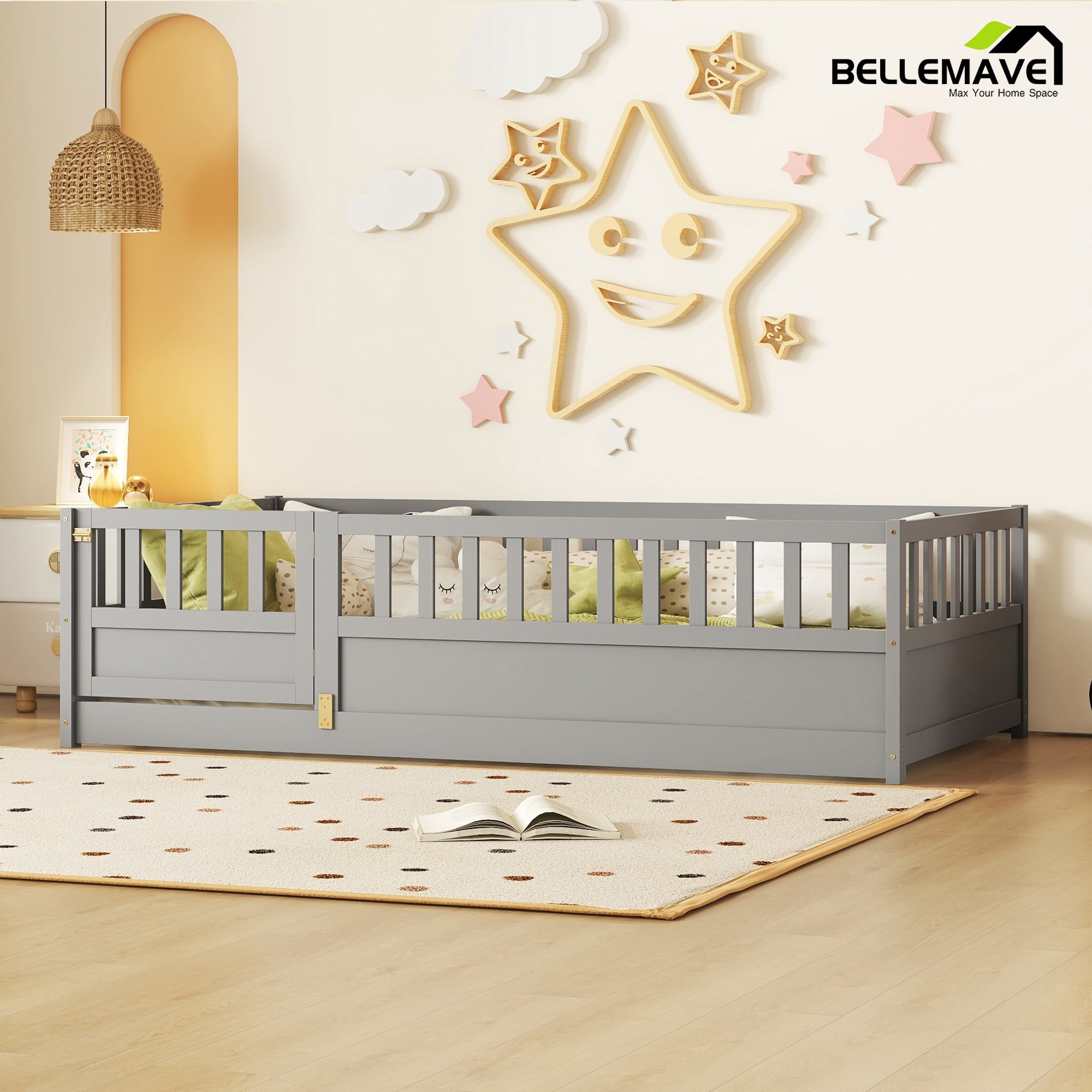 Bellemave Twin Size Floor Bed with Door and High Fence Guardrails Floor Bed without Bed Slats Wooden Floor Bed Montessori Bed Frame(Twin, Gray, Without Slats)