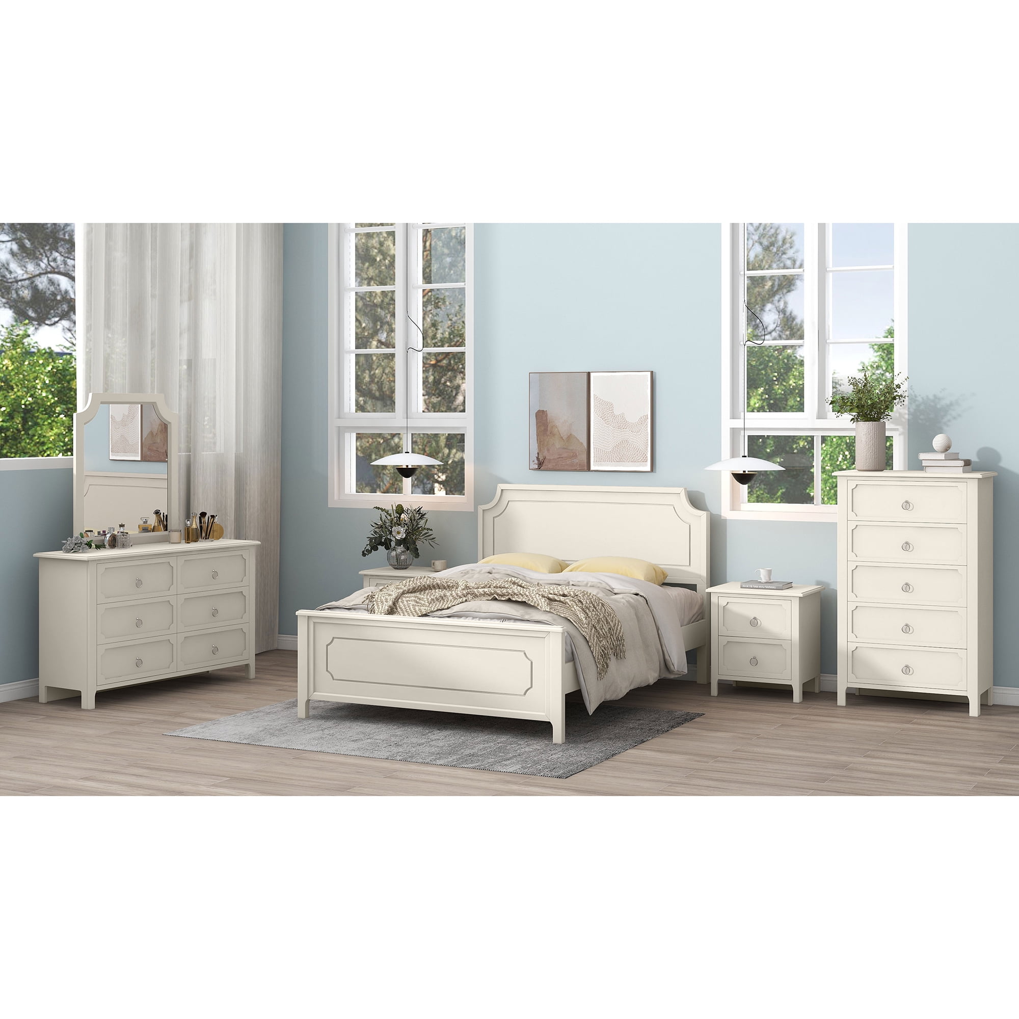 Resenkos 6 Pieces Solid Wood Bedroom Furniture Set Queen Size Platform Bed, Set of 2 Nightstand Chest, Mirror and Dresser Milky White Resenkos 6 Pieces Solid Wood Bedroom Furniture Set Queen Size Platform Bed, Set of 2 Nightstand Chest, Mirror and Dresser Milky White