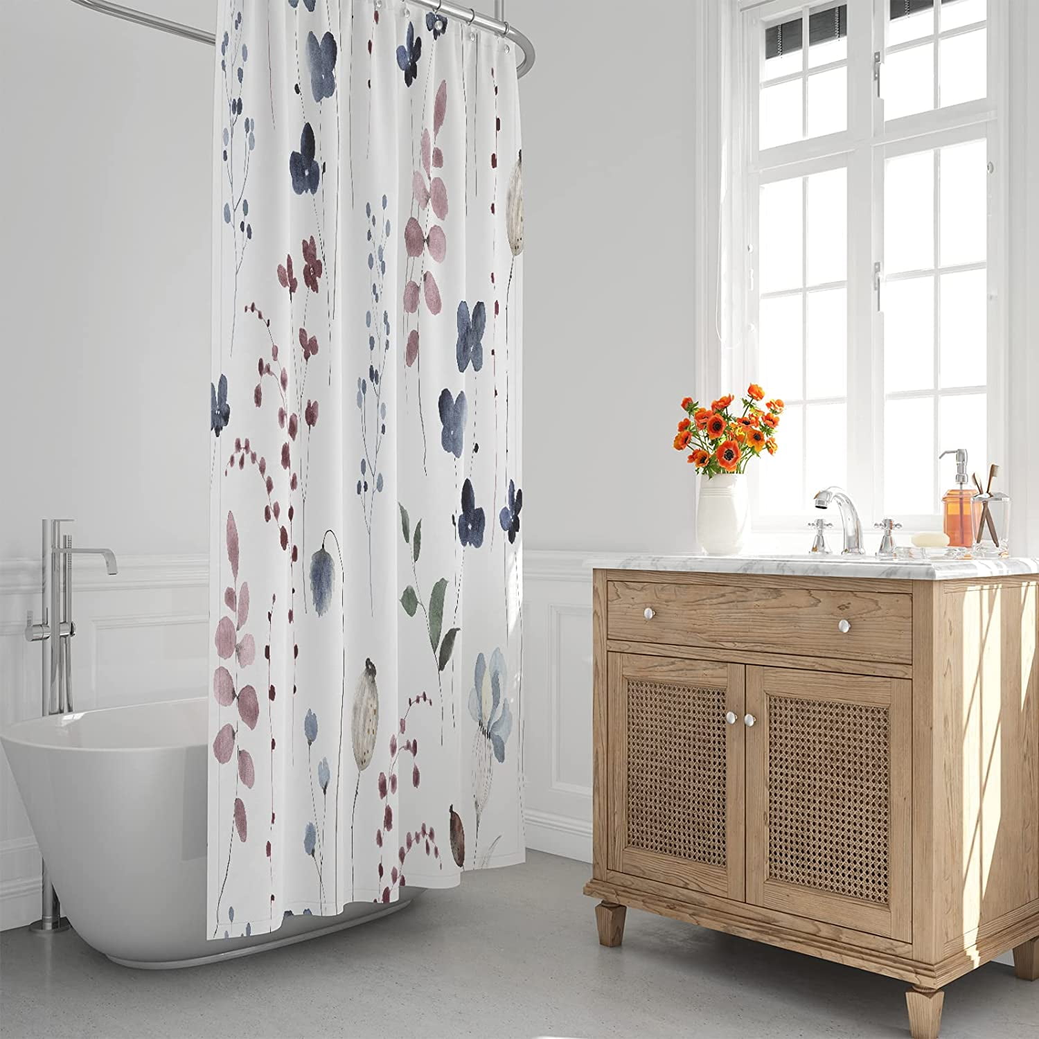 Extra Long Shower Curtain 72x84 inch Length Ink Blue Floral Shower Curtain,Blue and Red Shower Curtains Sets for Bathroom,Modern Minimalist Art Bath Curtain,Waterproof Fabric with Hooks