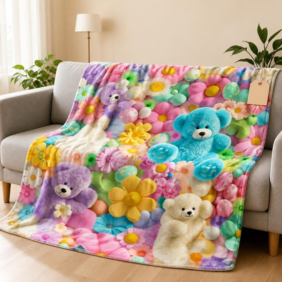 Teddy Pastel Floral Print Throw Blanket Kawaii Plush Super Soft Cozy Throws (CS)