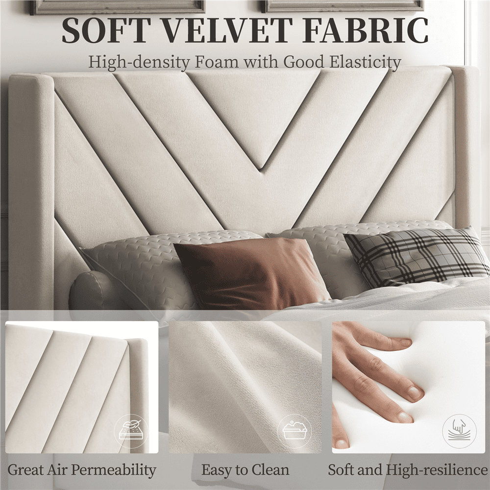 Renwick Upholstered Platform Bed with Wooden Slat Support and Tufted Headboard for Adult, Twin, Beige