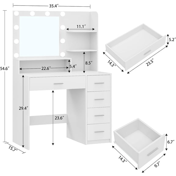 Vanity Desk with Mirror & Lights, Makeup Vanity with 5 Drawers & Storage Shelves, White Vanity Table, 3 Color Modes & Adjustable Brightness