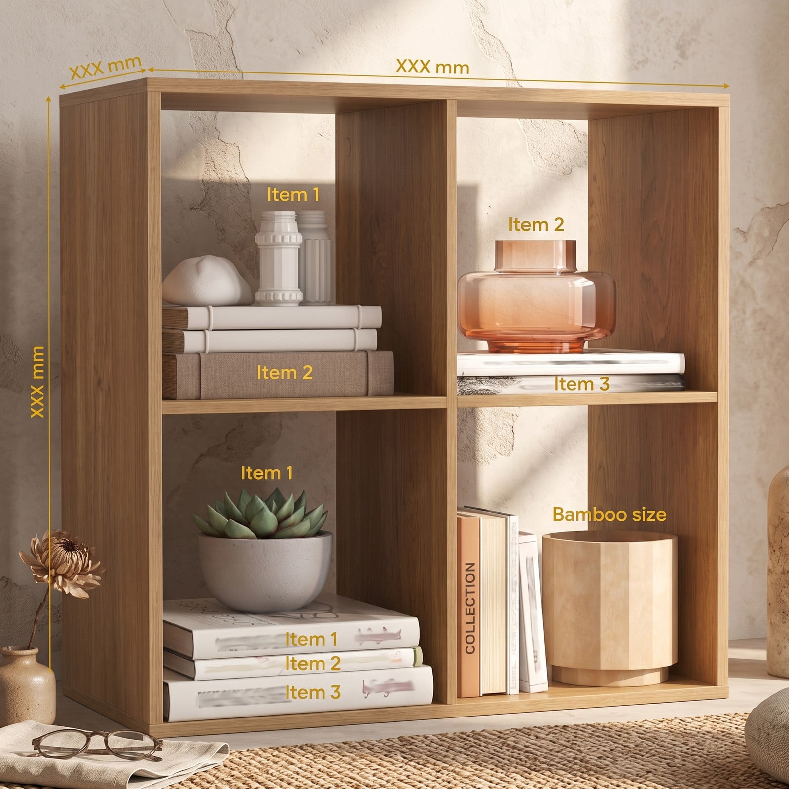 Furnibear 4 Cube Bookshelf, Wood Cube Storage Organizer Bookcase with Back Guardrail and Anti-Tip Kit for Living Room Bedroom Home Office, Natural