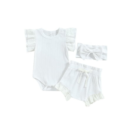 

Binpure Baby Girls Summer 3PCS Outfit Sets Flying Sleeve O Neck Romper + Drawstring Shorts + Headband