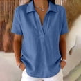 thumbnail image 2 of Collared Split V Neck Linen Pullover Blouse Short Sleeve Solid Loose Curved Hem Casual Top for Women Spring Summer Daily Wear S-XXL, 2 of 7