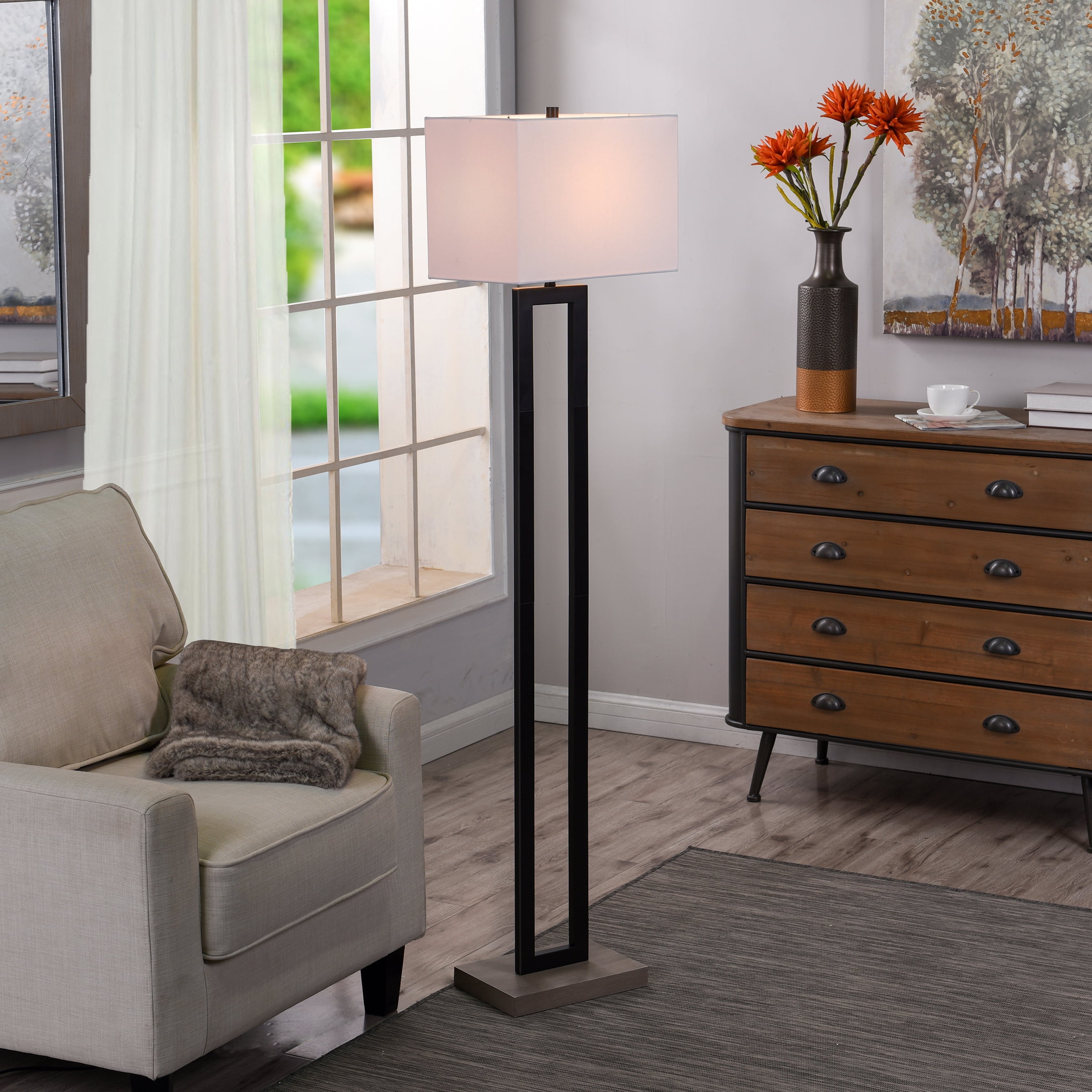 Better Homes & Gardens 61"H Metal Windowpane Floor Lamp, Black Finish with Faux Wood Base, Bulb Included