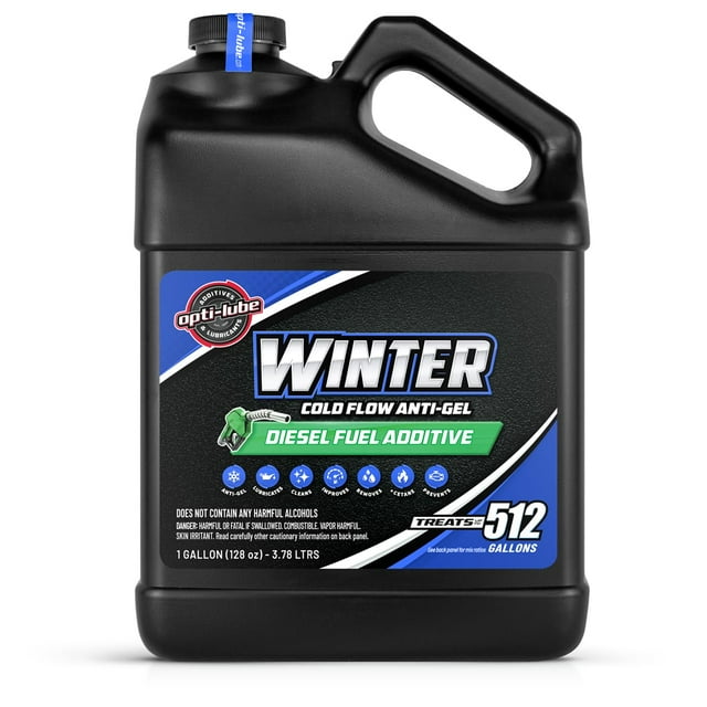 Opti-Lube Winter Formula Anti-Gel Diesel Fuel Additive in a 1-gallon container, capable of treating up to 512 gallons of diesel fuel. The black jug features a blue and green label emphasizing its cold flow anti-gel properties, lubricity enhancement, injector cleaning, rust prevention, and Cetane improvement. Ideal for diesel engines in cold weather and for enhancing storage stability.
