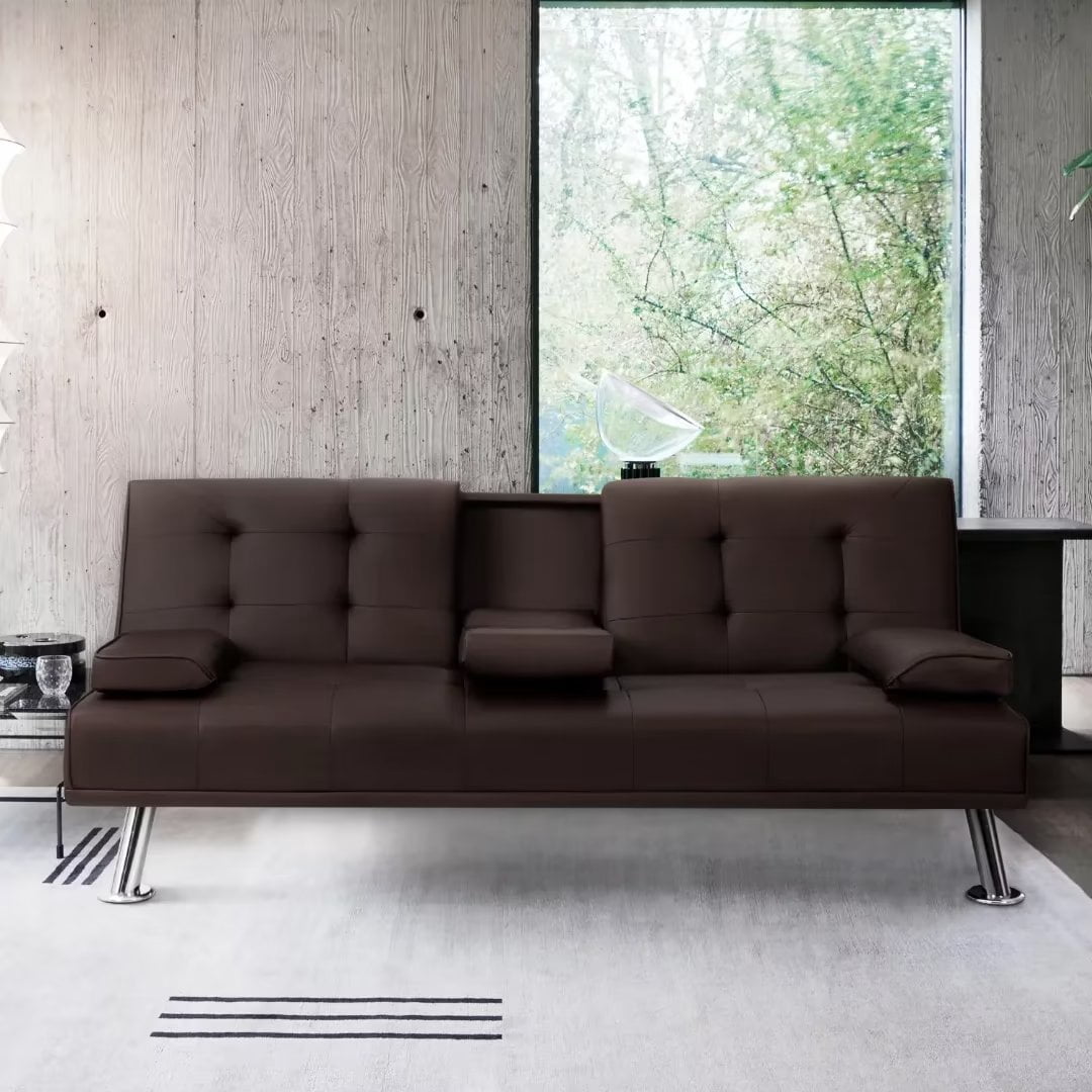 Vineego Couch Relax Modern Wood Convertible Folding and Futon Sofa Bed with 2 Cup Holder, Brown